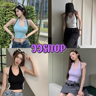 JJ shop 💜พร้อมส่ง เสื้อคล้องคอ ผ้าไหมพรม ดีเทลคอวี ผ้าร่องเล็กๆสีทรูโทน "67032" -C -N