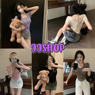 JJ shop 💜พร้อมส่ง เสื้อยืดไหมพรมคอกลม สีพื้นแขนสั้น  มีสายผูกคล้องคอด้านหลัง "61609" -C -N