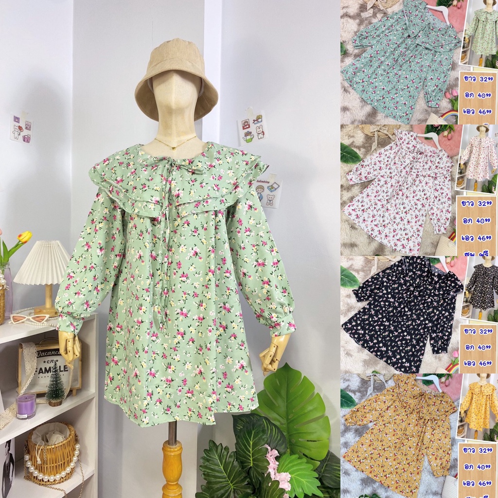 👗เดรส👗 M677 ผ้าไหมอิตาลี ลายดอก คอปก  👉 ยาว 32,อก 40,เอว 46,สพ ฟรี