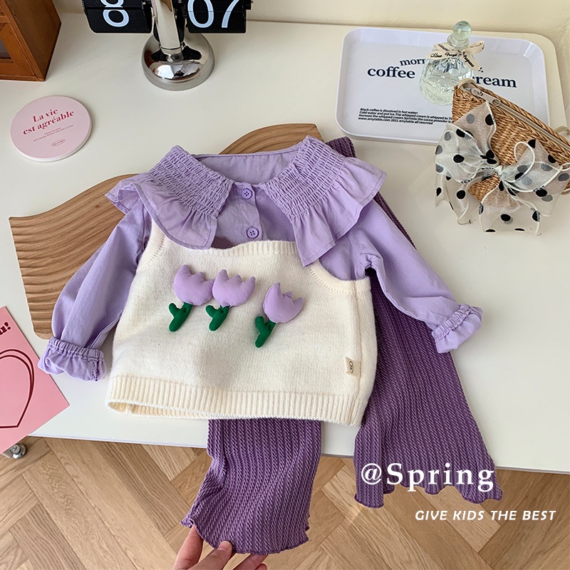 [Aria] ชุดเซ็ทเด็กผู้หญิง เสื้อกันหนาว ลายดอกไม้ สีตัดกัน แฟชั่นฤดูใบไม้ผลิ สําหรับเด็กผู้หญิง อายุ 0-6 ปี กางเกงขาบาน เสื้อเด็กผู้หญิง