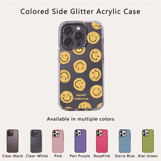 Casetify X Be Happy Side Glitter Green Purple Blue RosePink Clear Sideband Font Casing Apple IPhone 12 13 14 Pro Max Impact Hard อะคริลิคใสด้านหลัง TPU เคสพร้อมกล่อง