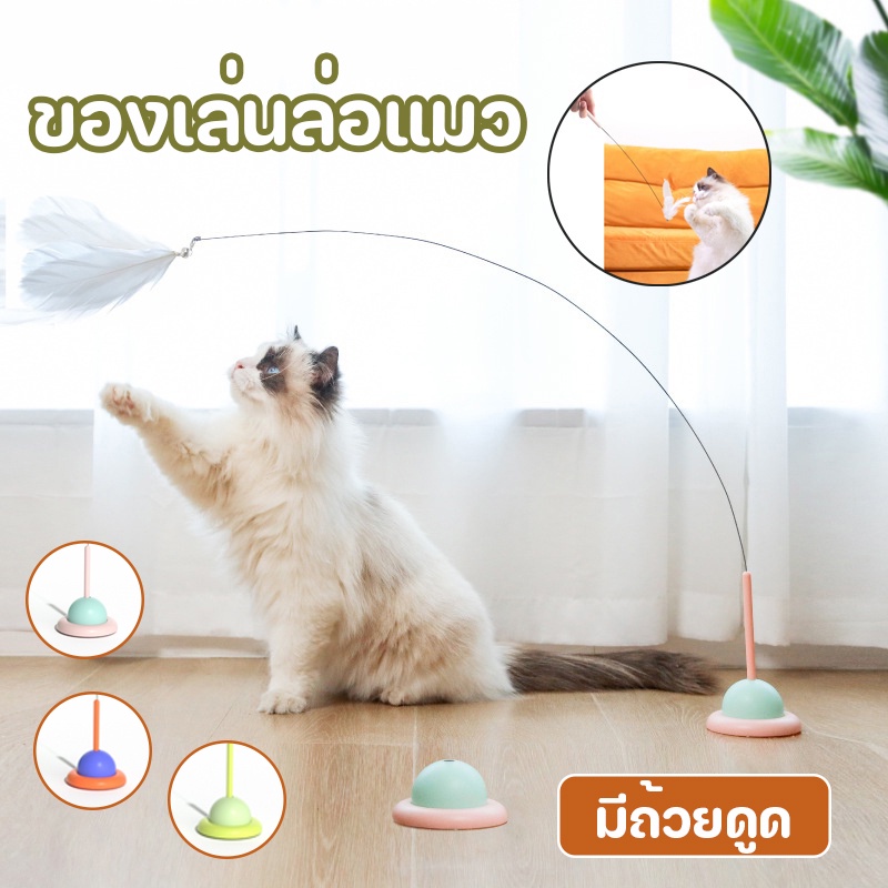 ของเล่นแมว ไม้ล่อแมว ติดพื้นไม้ตกแมว ของเล่นล่อแมว ไม้ตกแมวแบบสปริง มีถ้วยดูด ถอดออกได้