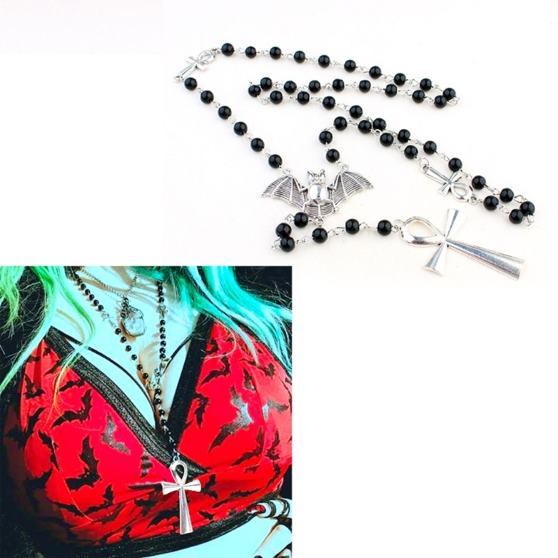 Noe Vampire Ankh Cross Black Bead สร้อยคอค้างคาว Gothic ยาวสร้อยคอลูกปัด Choker
