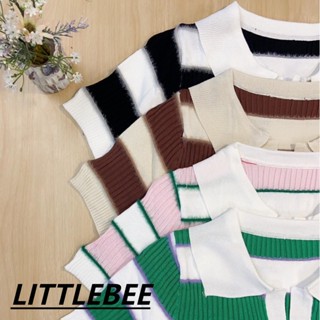 littlebee #M0121 เสื้อครอปไหมพรมลายทาง คอปก สุดฮิต สไตล์เกาหลี