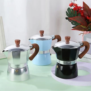 Moka Pot กาต้มกาแฟสดพกพา รุ่นหนา หม้อต้มกาแฟ ทรงแปดเหลี่ยม หูจับลายไม้ มีหลายสี