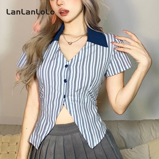 Lanlanlolo เสื้อคาร์ดิแกน แขนสั้น คอปก พิมพ์ลายทาง เข้ารูป เข้ากับทุกการแต่งกาย แฟชั่นสําหรับผู้หญิง 2023