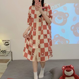 Summer new ice silk strawberry bear plaid sexy sweet lady nightdress womens summer short sleeve pajamas dress