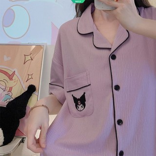 Sanrio Kuromi ชุดนอน เสื้อแขนสั้น กางเกงขาสั้น ลายการ์ตูนน่ารัก เรียบง่าย แฟชั่นฤดูร้อน สไตล์ญี่ปุ่น สําหรับนักเรียนหญิง 2023