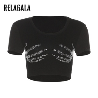 Relagala ใหม่ เสื้อยืดลําลอง แขนสั้น คอกลม เข้ารูป สีพื้น แฟชั่นสําหรับสตรี 2023