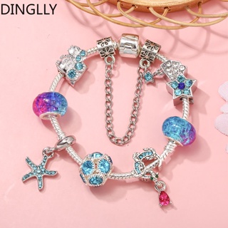 Dinglly สีฟ้า คริสตัล ลูกปัด เสน่ห์ Bracelrts สําหรับผู้หญิง นกฮูก และดวงจันทร์ ลูกปัด สร้อยข้อมือ เครื่องประดับ สีเงิน