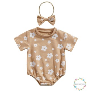 Babyclothes- ชุดจั๊มสูทรอมเปอร์ แขนสั้น คอกลม พิมพ์ลายดอกไม้ ลําลอง แนวสตรีท พร้อมที่คาดผม เหมาะกับฤดูร้อน สําหรับเด็กผู้หญิง