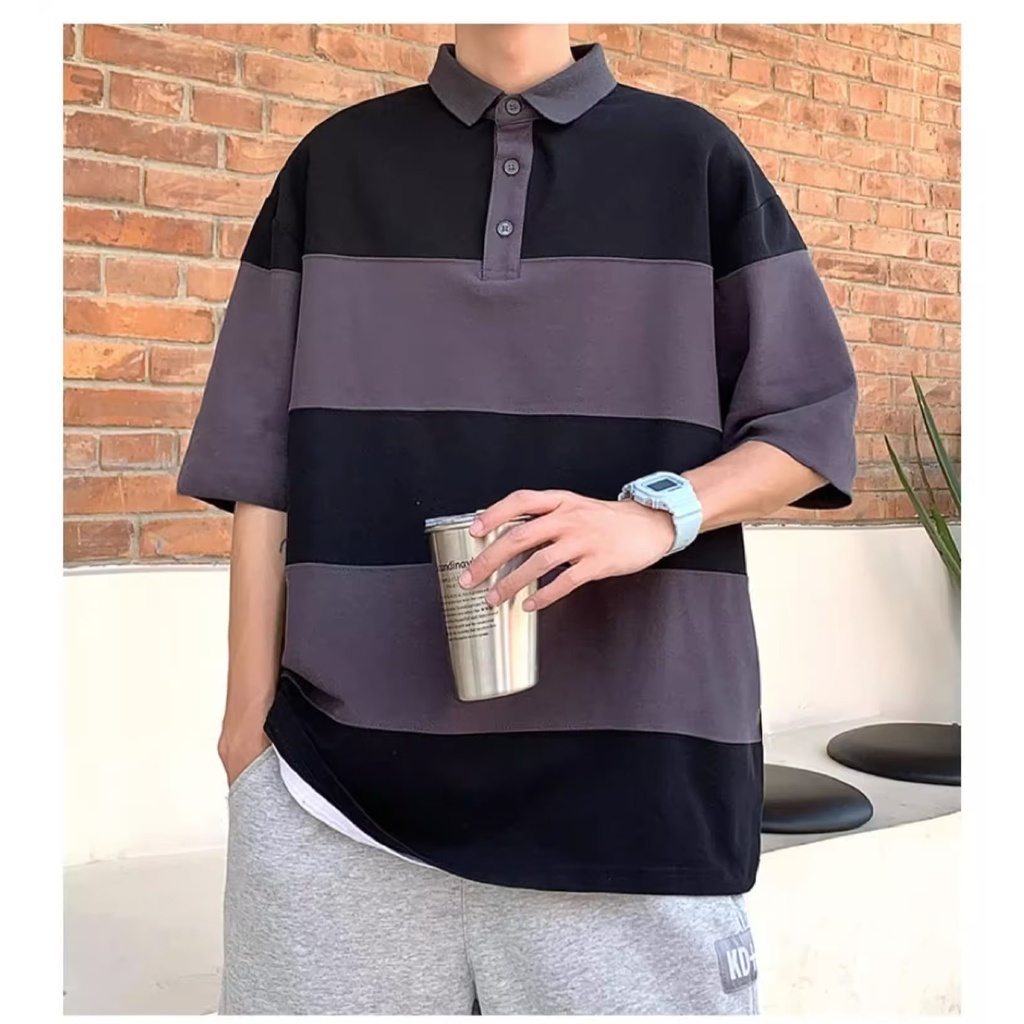 เสื้อโปโล แขนสั้น ลายทาง ทรงหลวม พลัสไซซ์ สไตล์เกาหลี สําหรับผู้ชาย ไซซ์ M-5XL