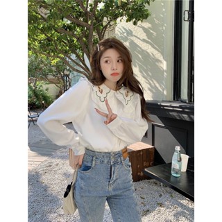 เสื้อเชิ้ตแขนยาว คอตุ๊กตา ปักลาย แฟชั่นฤดูใบไม้ผลิ สไตล์เรโทร สําหรับผู้หญิง