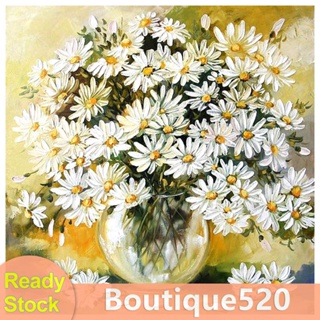 #B ภาพวาดปักเพชร พลอยเทียม ทรงกลม ลาย Feverfew 5D DIY สําหรับห้องนอน [boutique520.th]