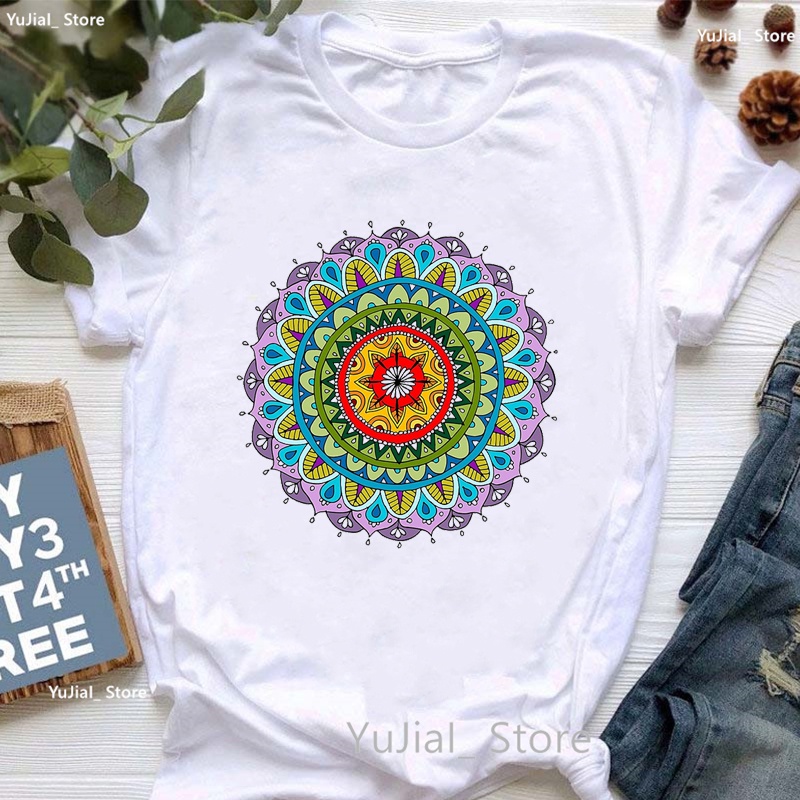 Rainbow Mandalaสมาธิพิมพ์Tshirtเสื้อผ้าผู้หญิง 2023 ดอกไม้ความงามโยคะTเสื้อFemmeฤดูร้อนแฟชั่นเสื้อยืดหญิง