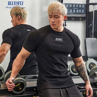 Bluesfly New Twist Stripes High Elastic Short-Sleeved Sports T-shirt Mens Embroidered Slim Workout Clothes Bottoming Shirt hg62