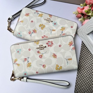 Long Zip Around Wallet C8695 กระเป๋าสตางค์สุภาพสตรี แท้ COAC H ขาวซีลายดอก กระเป๋าสตางค์ซิปยาวรอบผ้าใบซิกเนเจอร์