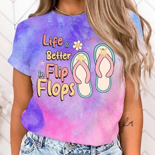 Cute Life Is Better Flip Flops เสื้อยืดลําลอง แขนสั้น คอกลม สีมัดย้อม แฟชั่นฤดูร้อน สําหรับสตรี