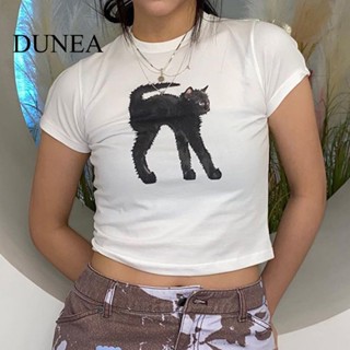 Dunea เสื้อคอกลม เข้ารูป พิมพ์ลายแมวอเมริกัน สําหรับผู้หญิง