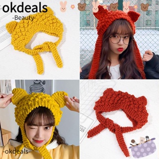 OKDEALS หมวกบีนนี่ ผ้าวูลถัก แต่งหูแมวน่ารัก แฟชั่นฤดูหนาว สําหรับเดินทางกลางแจ้ง