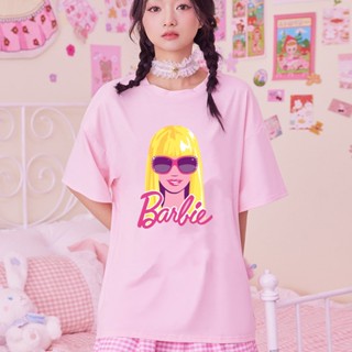 เสื้อยืด คอกลม แขนสั้น พิมพ์ลายบาร์บี้ สีชมพู สีดํา แฟชั่นสําหรับผู้หญิง
