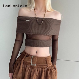 Lanlanlolo เสื้อเปิดไหล่ แขนยาว ผ้าตาข่ายซีทรู สีพื้น เซ็กซี่ สําหรับผู้หญิง 2023