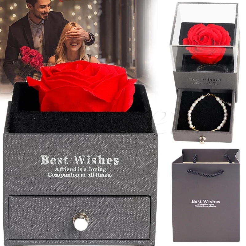 กล่องเก็บเครื่องประดับ สร้อยคอ แหวน ต่างหู แหวน อะคริลิคใส ลายดอกกุหลาบนิรันดร์ ของขวัญวันวาเลนไทน์ คริสต์มาส สําหรับผู้หญิง 1 ชุด