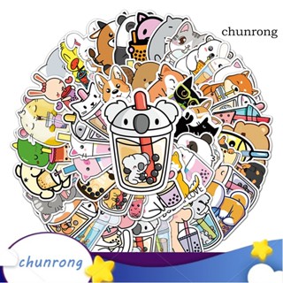 Chunrong สติกเกอร์ใส ลายการ์ตูนสัตว์เลี้ยง ชานม ไข่มุก กันน้ํา สําหรับตกแต่งกระเป๋าเดินทาง DIY 50 ชิ้น