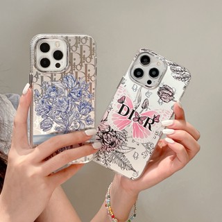 เคสป้องกันโทรศัพท์มือถือ ลายดอกไม้ สีเงิน สองด้าน สําหรับ iPhone 11 14 12 13 Pro Max