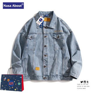 เสื้อแจ็กเก็ตยีน ทรงหลวม แบบบาง ลาย Nasa Co-Branded แฟชั่นฤดูใบไม้ผลิ สไตล์สตรีท สําหรับผู้ชาย