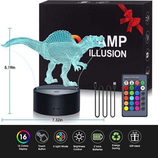  Dinosaur 3D Light LED Night Light Colorful Touch Black Seat+Remote Control