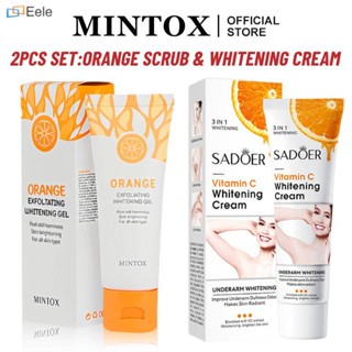 2Pcs Set MINTOX Bleaching Whipped Scrub 50g Facial Body Scrub Exfoliating Gel Whitening Skin Cleaning Bath &amp; SADOER 50g Vitamin C Whitening Cream ↑Eele