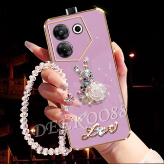 เคสโทรศัพท์มือถือ ลายกระต่าย ดอกไม้ภาษาอังกฤษ พร้อมสายคล้องมือ ประดับเพชร สําหรับ Tecno Camon 20 Pro Premier Spark Go 2023 10C 10 Pro POVA 4 4G 5G Camon20Pro