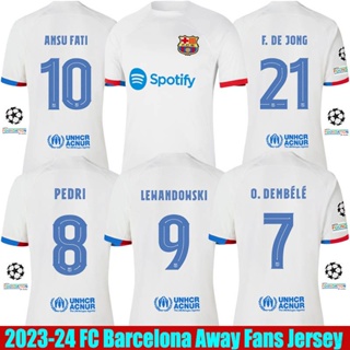 เสื้อกีฬาแขนสั้น ทรงหลวม ลายทีม Barcelona Away Jersey Dembele Fati Jong Pedri Lewandowski Tshirs พลัสไซซ์ 2023-2024