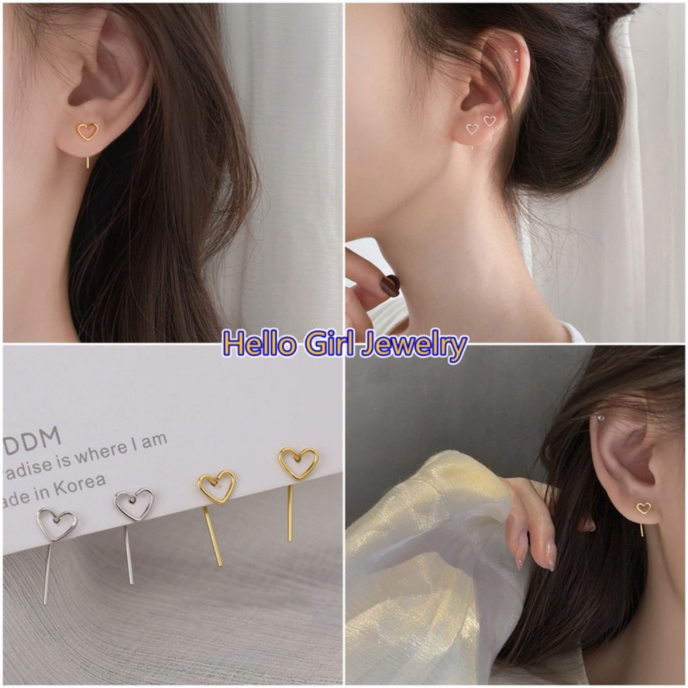 A HELLO GIRL ต่างหูโลหะ รูปหัวใจกลวง สไตล์เรียบง่าย สําหรับผู้หญิง เครื่องประดับเด็กผู้หญิง สวัสดี