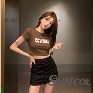 Suncol- เสื้อครอปท็อป คอกลม แขนสั้น พิมพ์ลายตัวอักษร สไตล์สตรีท เหมาะกับฤดูร้อน สําหรับผู้หญิง