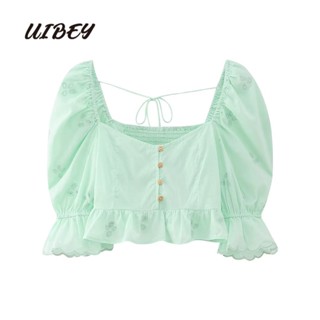 Uibey เสื้อกั๊ก แขนสั้น คอสี่เหลี่ยม ปักลาย แฟชั่น 3710