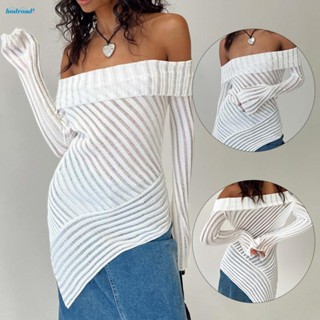 【HODRD】2023 New Asymmetric Off Shoulder Sexy Long Sleeve Top White Hollow Out Knit【Fashion】