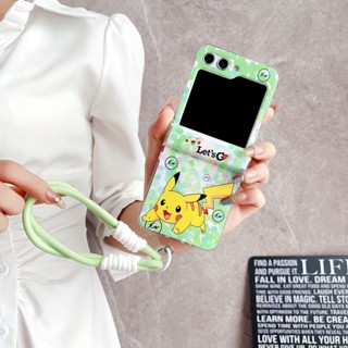 เคสโทรศัพท์มือถือ PC ลายการ์ตูนปิกาจูน่ารัก พร้อมสายคล้อง สําหรับ Samsung Galaxy Z Flip 3 4 5 5G Z Flip5