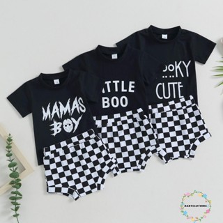 Babyclothes- ชุดเสื้อแขนสั้น พิมพ์ลายตัวอักษร กางเกงขาสั้น เอวยางยืด ลายสก๊อต ฮาโลวีน สําหรับเด็กผู้ชาย