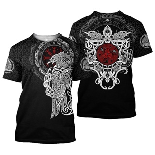 เสื้อยืดแขนสั้นลําลอง พิมพ์ลาย Viking Odin Fenrir Wolf Tattoo 3 มิติ แฟชั่นฤดูร้อน สําหรับผู้ชาย และผู้หญิง