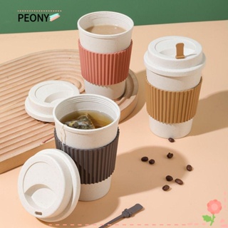 Peonypavilion แก้วกาแฟ แบบพกพา ทนความร้อน พร้อมฝาปิด และหลอดดูดข้าวสาลี ใช้ซ้ําได้ สําหรับเดินทาง