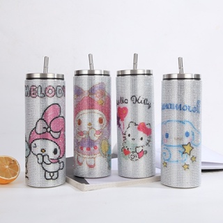 Bling แก้วมัก มีฉนวนกันความร้อน ลายการ์ตูน Hellow Kitty น่ารัก ประดับเพชรเทียม สําหรับใส่เครื่องดื่ม ชา กาแฟ