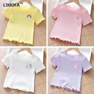 Ljmofa KIDS เสื้อยืดแขนสั้น ผ้าเรยอน ลายการ์ตูนยูนิคอร์นน่ารัก สีมาการอง สําหรับเด็กผู้หญิง อายุ 1-9 ปี