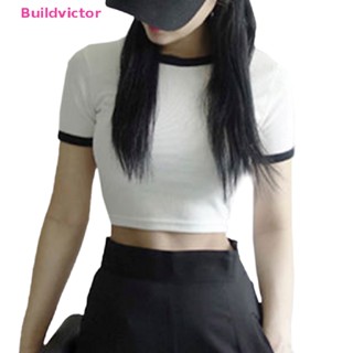 Buildvictor เสื้อครอปท็อปลําลอง แขนสั้น เซ็กซี่ สีพื้น แฟชั่นสําหรับผู้หญิง