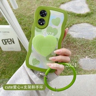 Phone Case เคส OPPO Reno8 T 8T Reno8 Z 7Z A78 A77 A96 A76 4G 5G Personality Lucky Green Love Bracket Cartoon Casing Lens Protection Big Waves Soft Cover with Silicone Bracelet 2023 เคสโทรศัพท