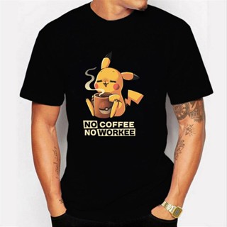 เสื้อยืดแขนสั้นTee Summer new trend No Coffee No Workee T Shirt Pikachu Pokemon Tshirt Fashion Mens Tops Black11S-5XL