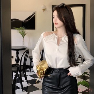 เสื้อเบลาส์เกาะอก สีพื้น สไตล์เกาหลี สําหรับผู้หญิง