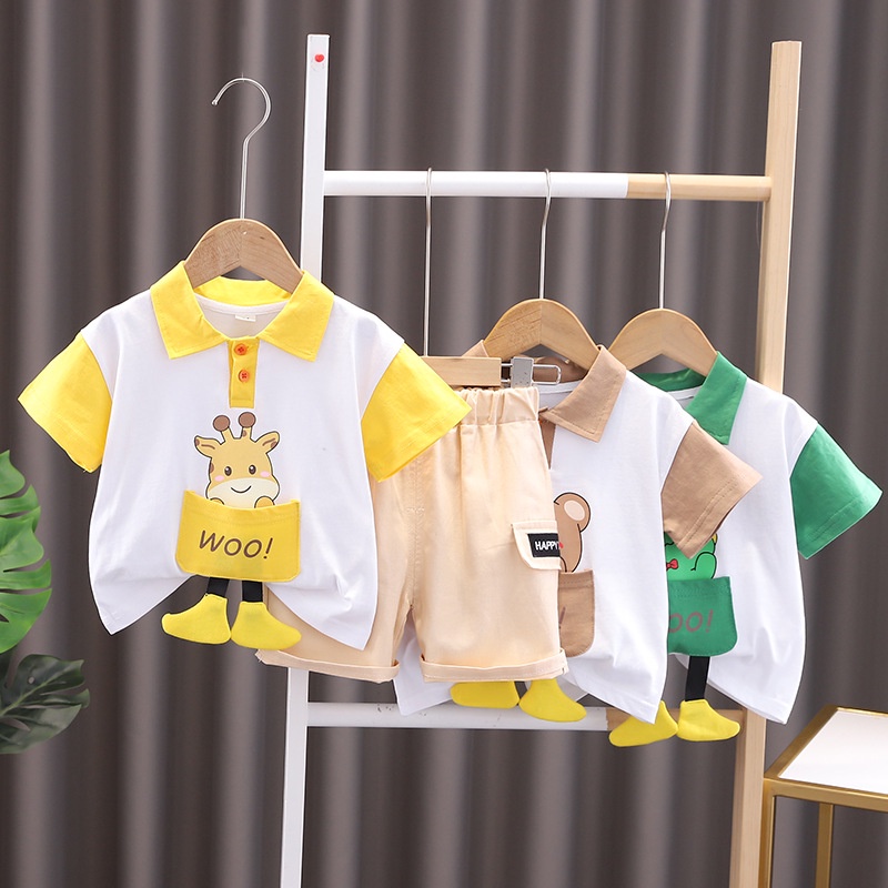 เสื้อโปโลแขนสั้น คอปก ลายการ์ตูนหมี ยีราฟ และกางเกงขาสั้น แฟชั่นฤดูร้อน สําหรับเด็กผู้ชาย 2023