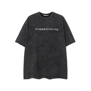 Fashion WANG เสื้อยืดลําลอง ผ้าฝ้าย แขนสั้น คอกลม พิมพ์ลายริมฝีปาก ประดับเพชร ทรงหลวม สําหรับผู้ชาย และผู้หญิง